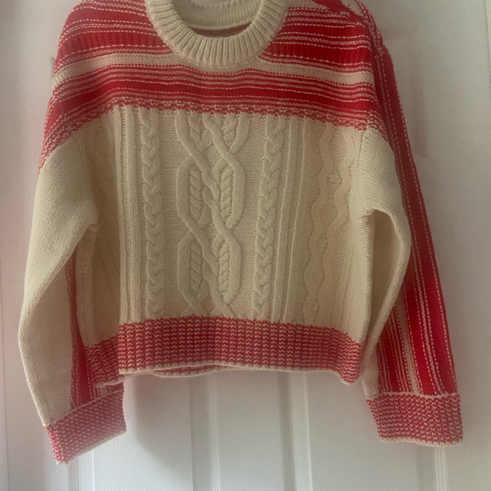 American Eagle Outfitters Cream Cable Crew Sweater with Red Stripes